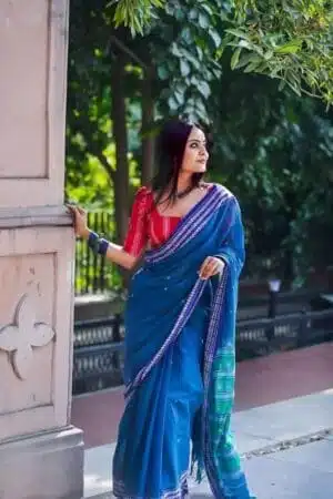 Debiya Traditional Woven Design Blue Cotton Saree